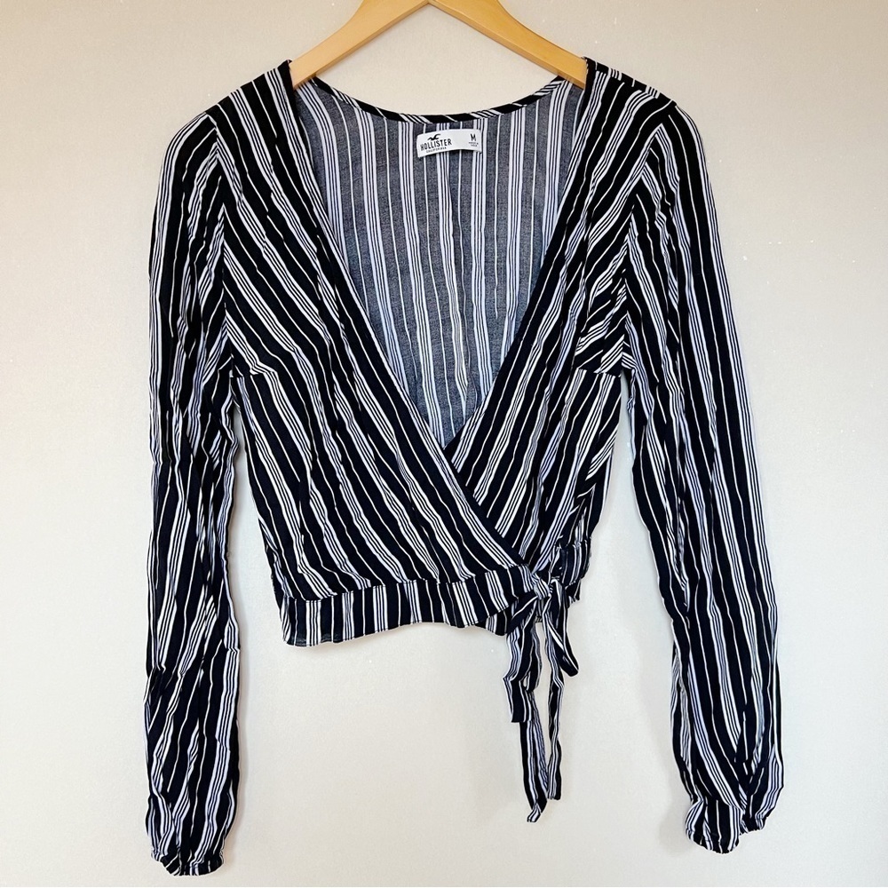 Hollister Black & White Striped Wrap Long Sleeve Top